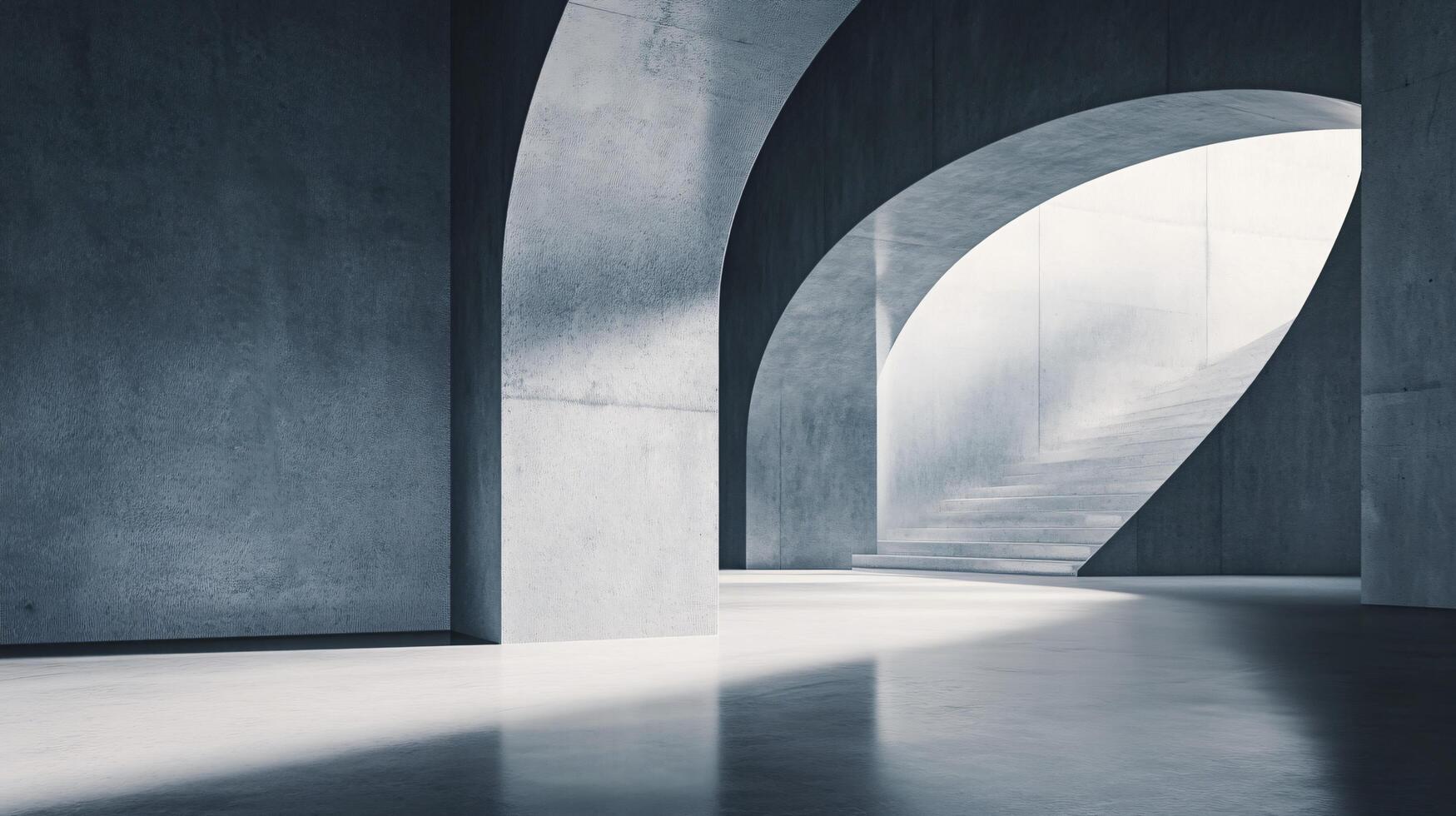 Large, empty room with a staircase in the middle. The room is made of concrete and has a very modern feel photo