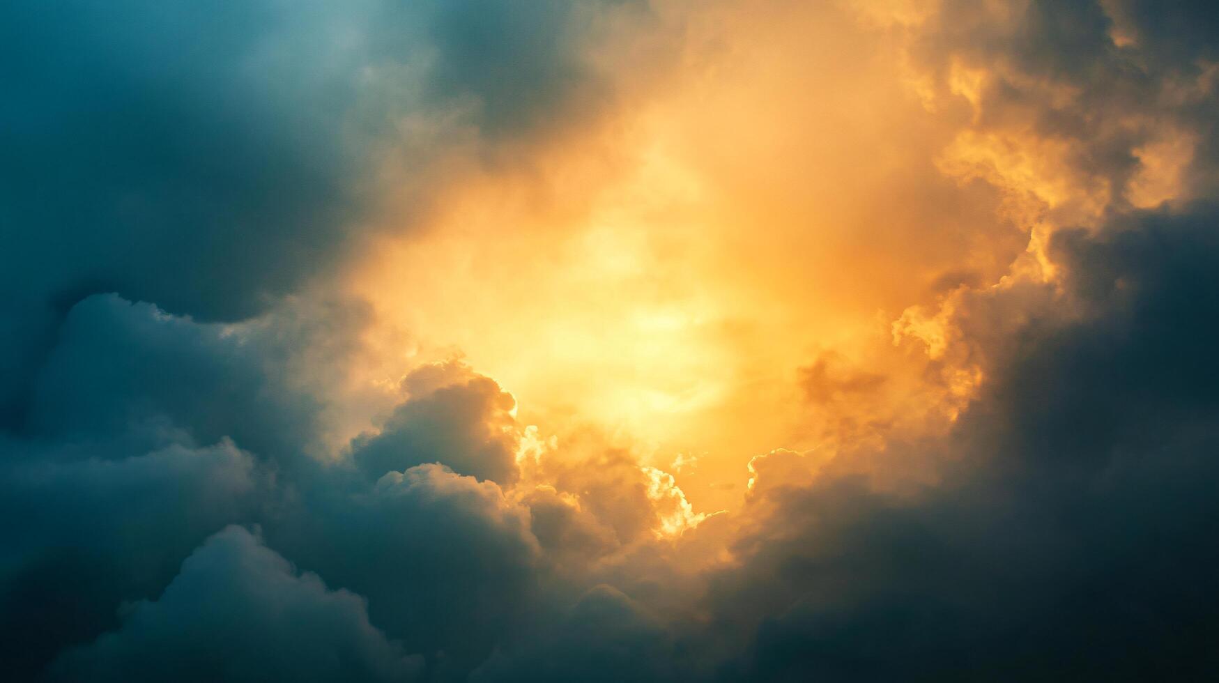 The sky is filled with clouds and the sun is shining through them. The sun is bright and warm, creating a beautiful and peaceful scene photo