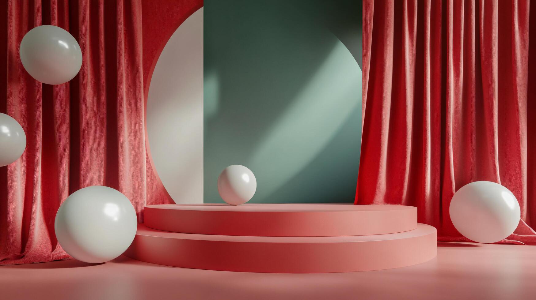 Red and green room with a white ball on a red platform. The room is decorated with red curtains and white balls photo