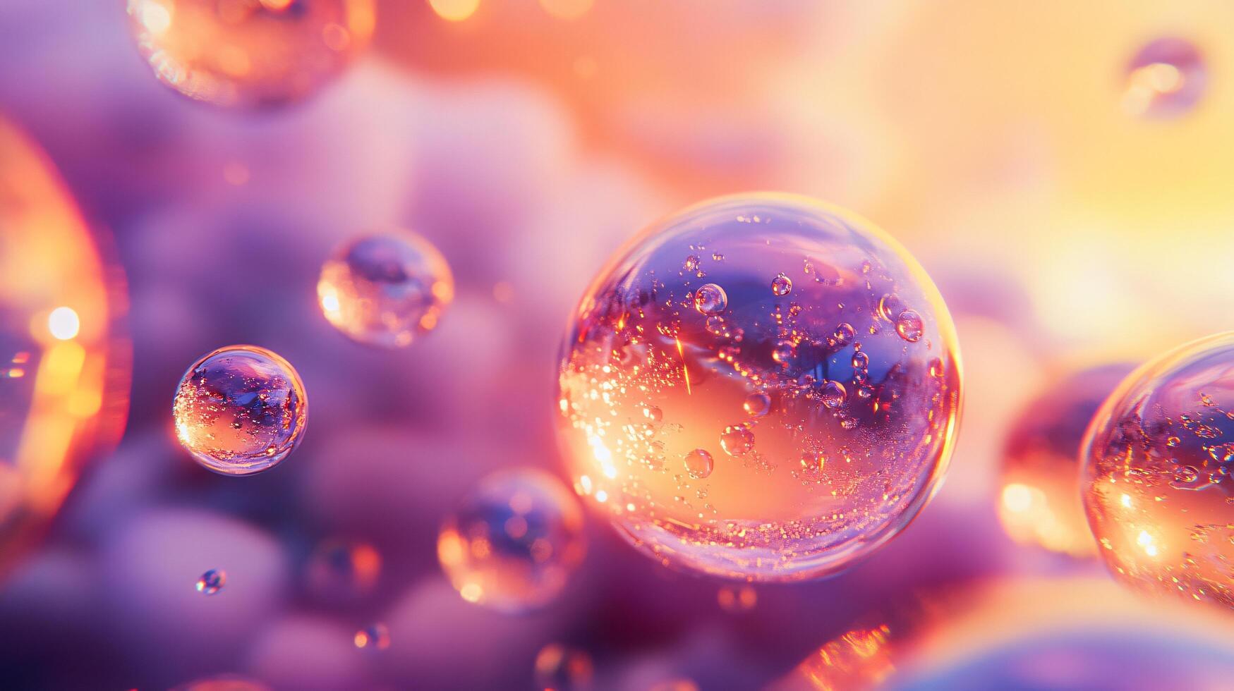 Close up of many small bubbles with a bright orange background. The bubbles are floating in the air and appear to be reflecting the orange sky. Concept of playfulness and lightheartedness photo