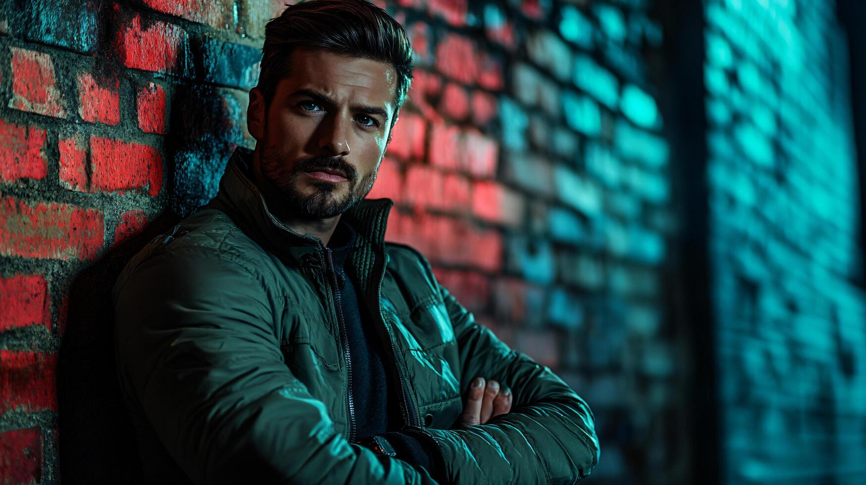 Man is standing in front of a brick wall, wearing a green jacket. He is looking at the camera with a serious expression. The image has a moody and mysterious feel to it photo