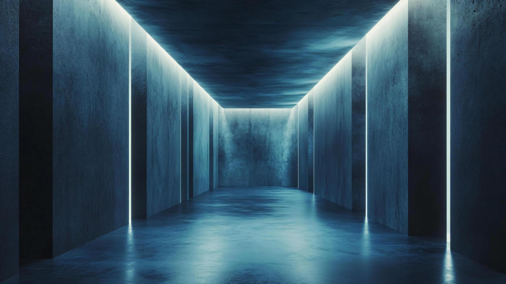 Long, narrow room with blue walls and a blue ceiling. The walls are made of concrete and the ceiling is also made of concrete. The room is lit up with blue lights, creating a cool photo