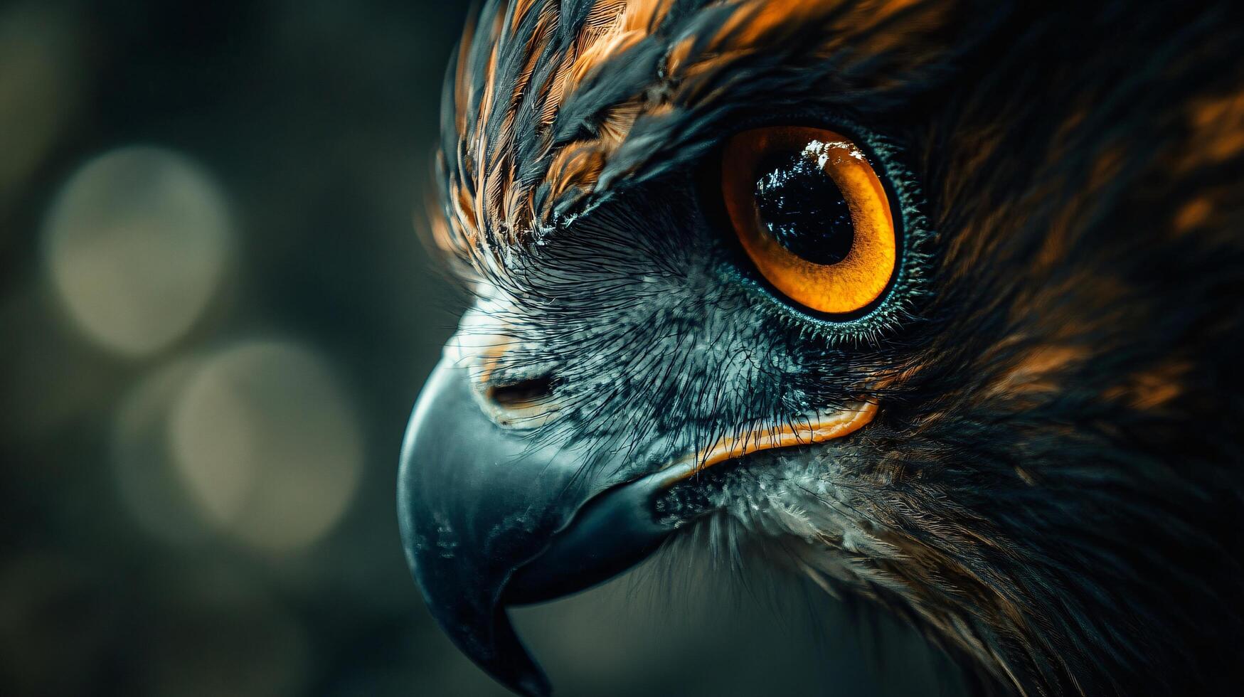 Close up of a bird's eye with a yellow iris. The eye is surrounded by a dark brown beak and feathers. The image has a moody, mysterious feel to it photo