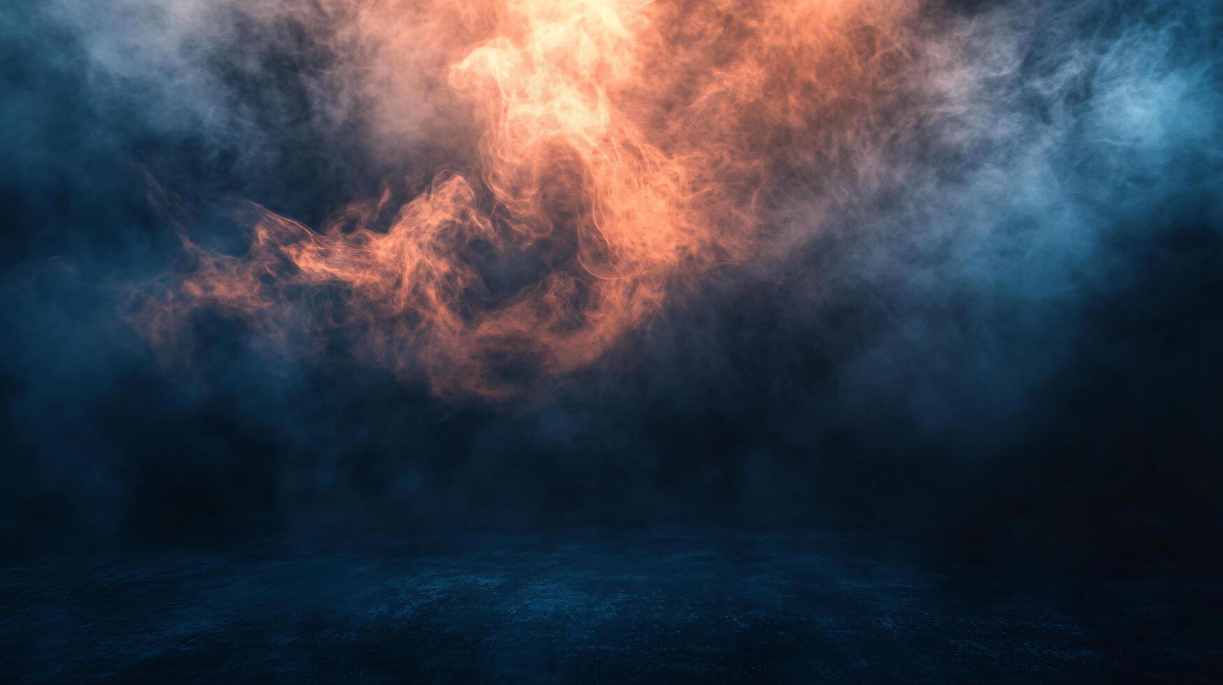 Dark sky with a bright orange and blue fire in the background. The fire is surrounded by smoke and the sky is filled with it photo