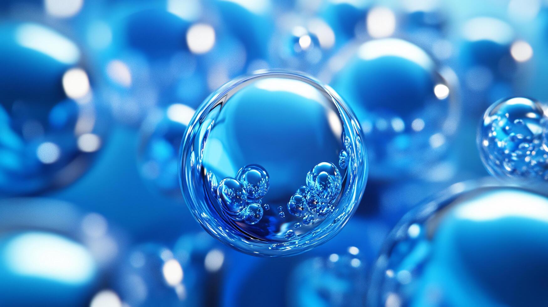 Close up of many small blue spheres. The spheres are all the same size and are floating in a blue liquid. Concept of calm and tranquility, as the blue liquid and spheres create a peaceful photo
