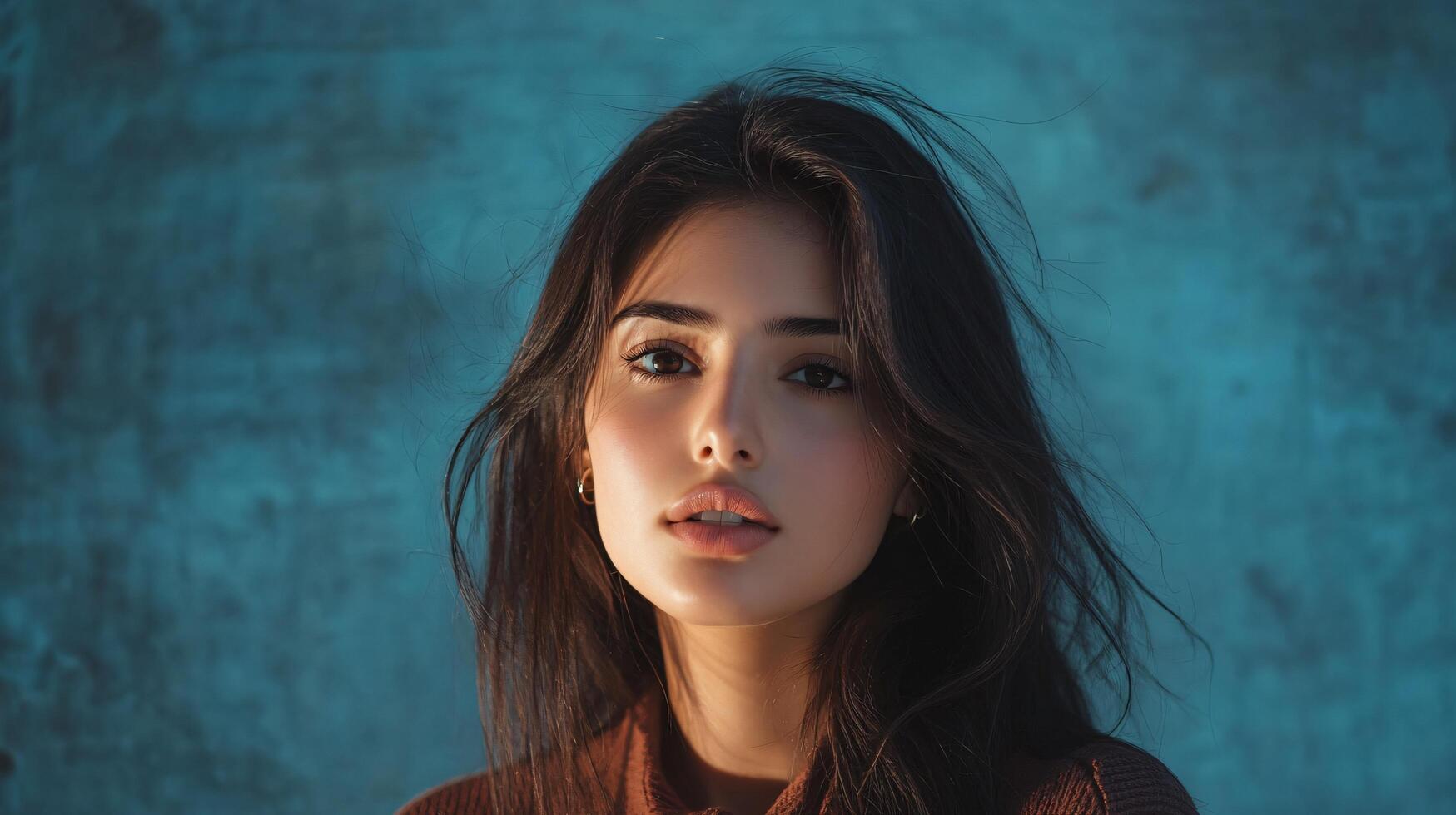 Woman with long hair and a red sweater. She is looking at the camera. Scene is warm and inviting photo