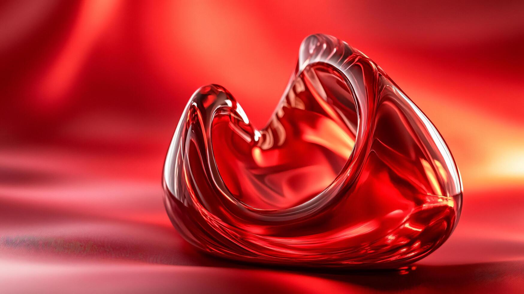 Red object is sitting on a red background. The object is a heart shape and is made of glass. The image has a warm and romantic mood, as the red color and heart shape evoke feelings of love photo