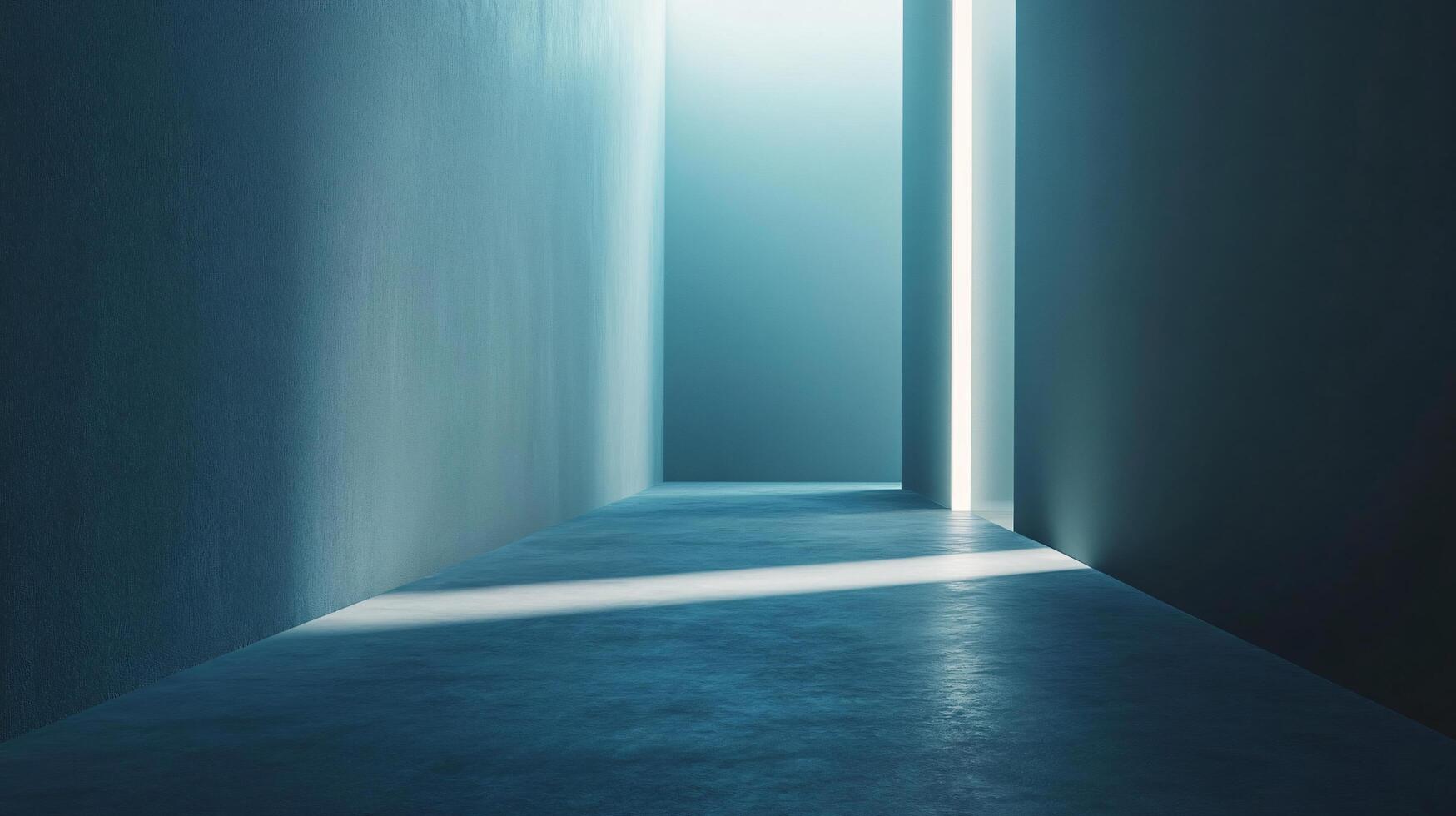 Long, narrow hallway with a light shining through a doorway. The hallway is empty and the light creates a sense of emptiness and loneliness photo