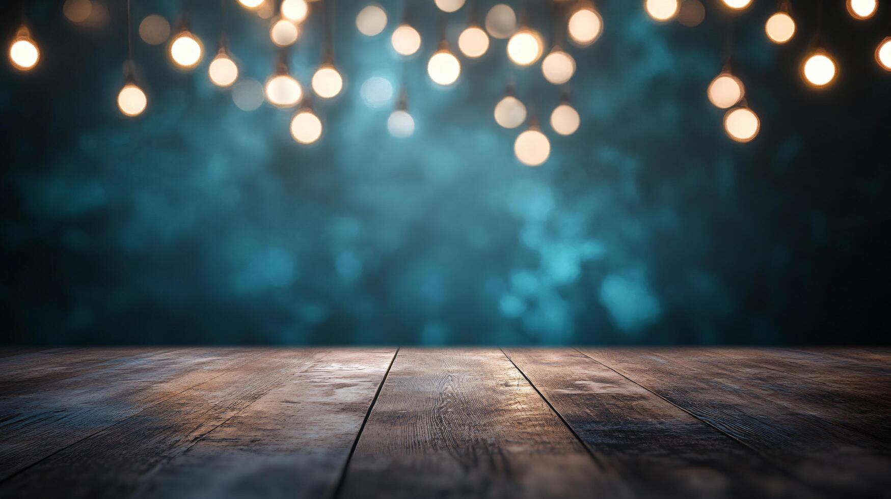Dark blue background with a wooden floor and a lighted string of lights. The lights are scattered throughout the background, creating a warm and inviting atmosphere photo