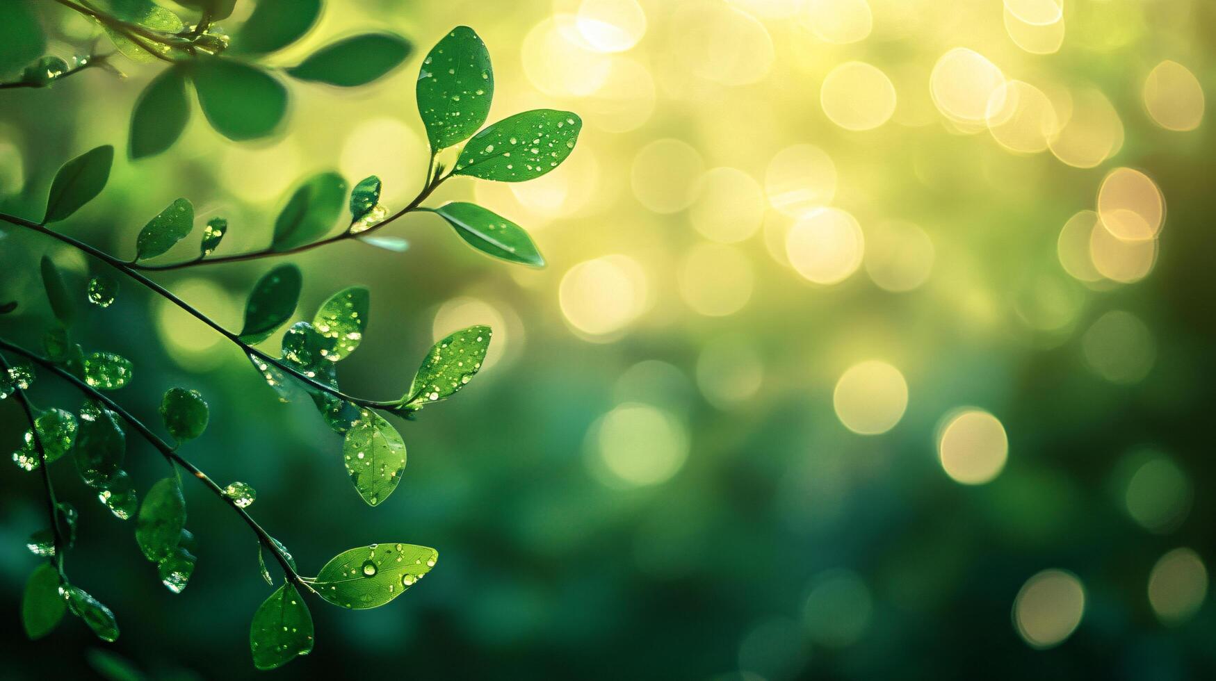 Leafy green tree with droplets of water on it. The leaves are wet and shiny, and the tree is surrounded by a blurry background. Concept of freshness and vitality photo