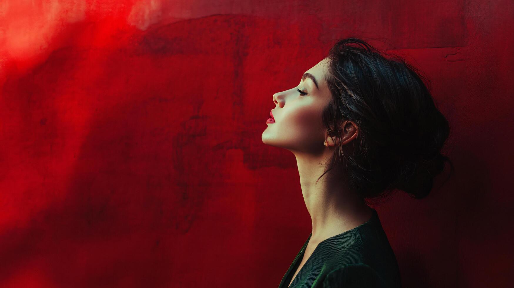 Woman is standing in front of a red wall. She is wearing a green dress and has her head turned to the side photo