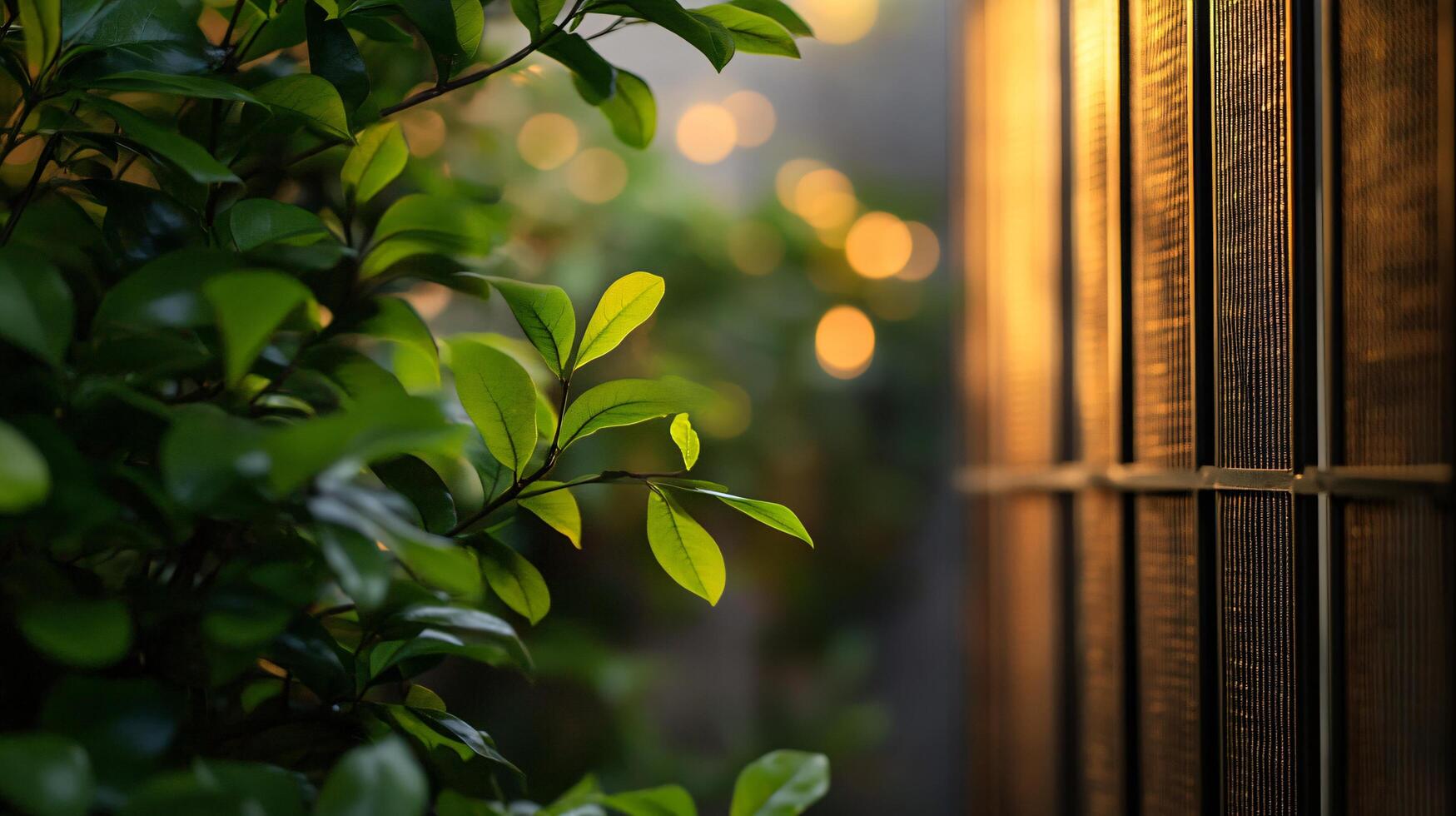 Lush green bush with leaves is in front of a window. The sunlight is shining through the window, creating a warm and inviting atmosphere photo