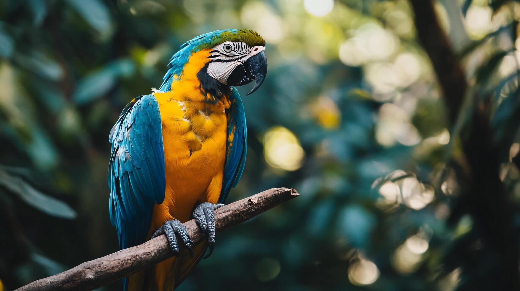 Colorful parrot is perched on a branch in a lush green forest. The bird's vibrant colors and the natural surroundings create a sense of tranquility and beauty photo