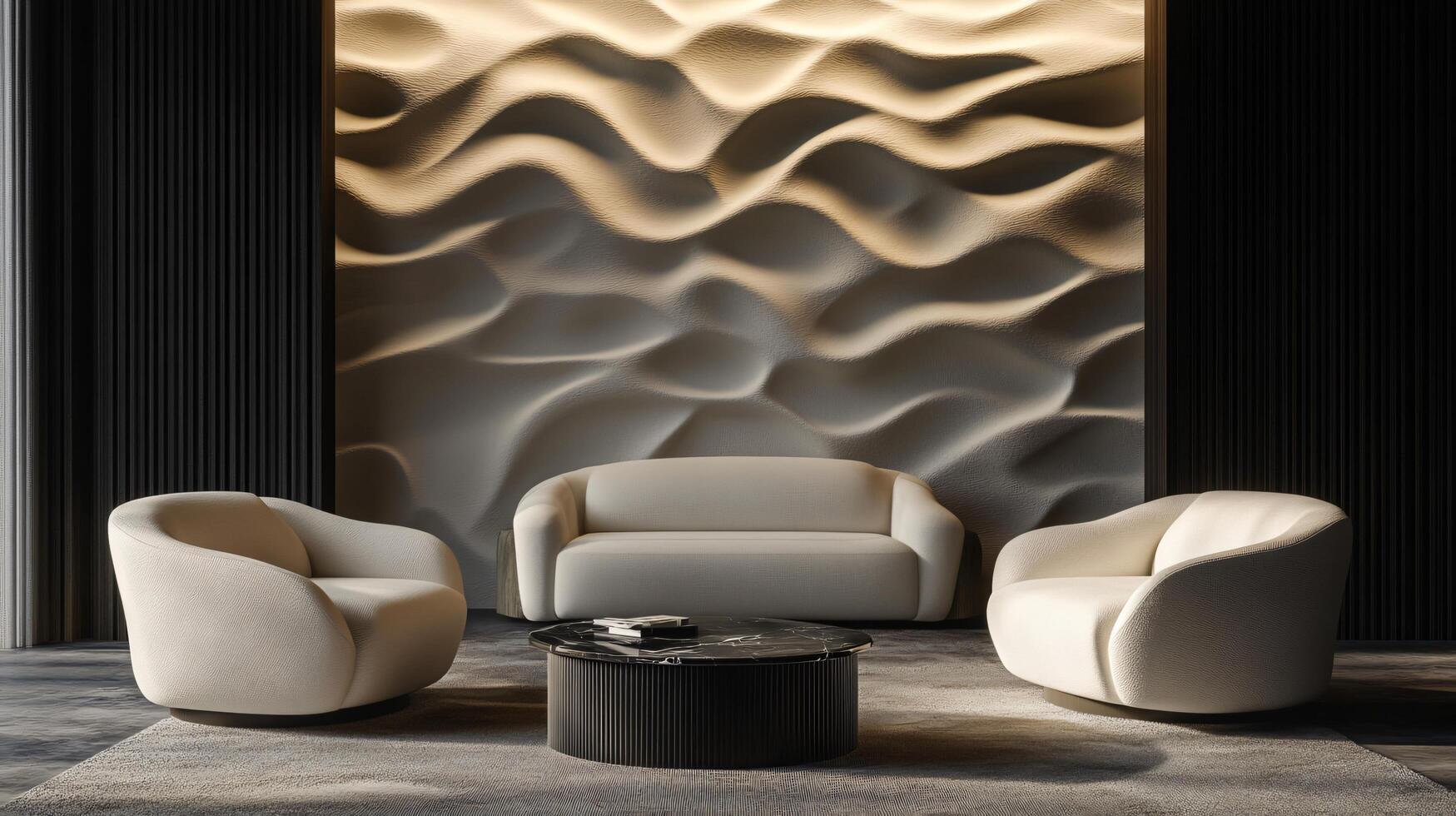 Living room with a white couch, two white chairs, and a coffee table. The room has a modern and minimalist design, with a white wall and a black coffee table photo