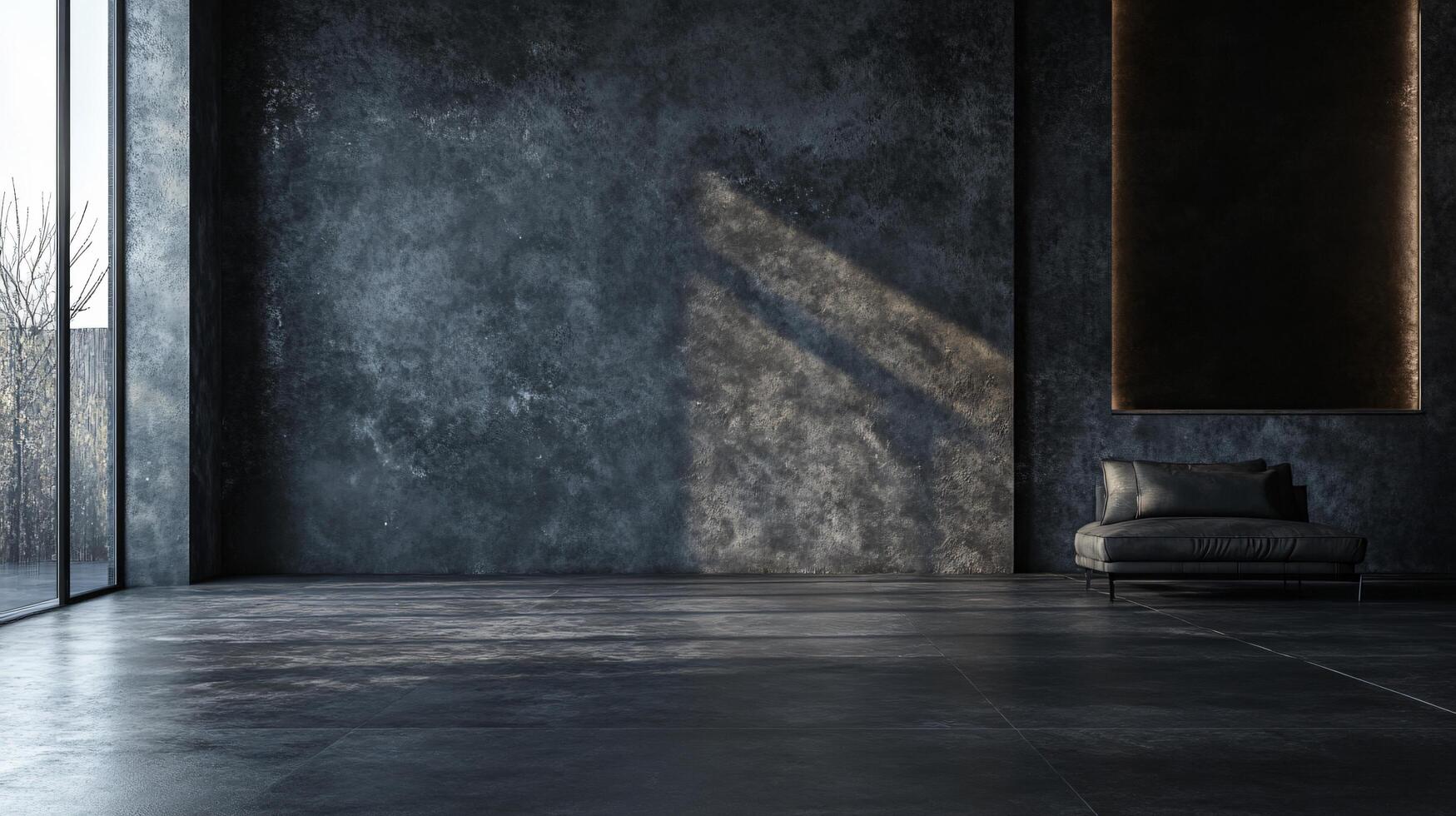 Large room with a black wall and a black couch. The room is empty and has a modern feel photo