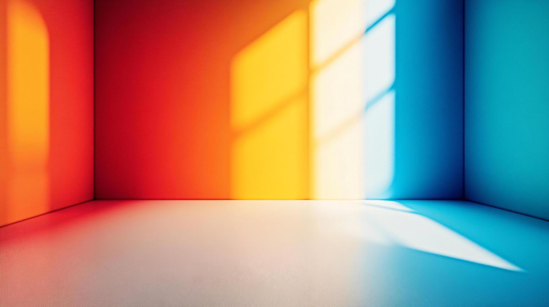 Room with a red wall and a blue wall. The room is empty and has a lot of natural light coming in from the windows photo