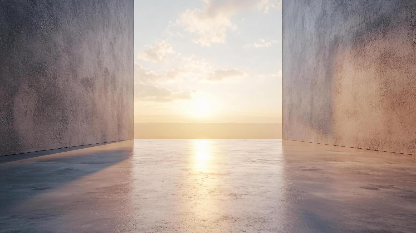The room is empty and has a view of the sun setting in the background. The walls are made of concrete and the floor is made of concrete as well. The room is large and open photo