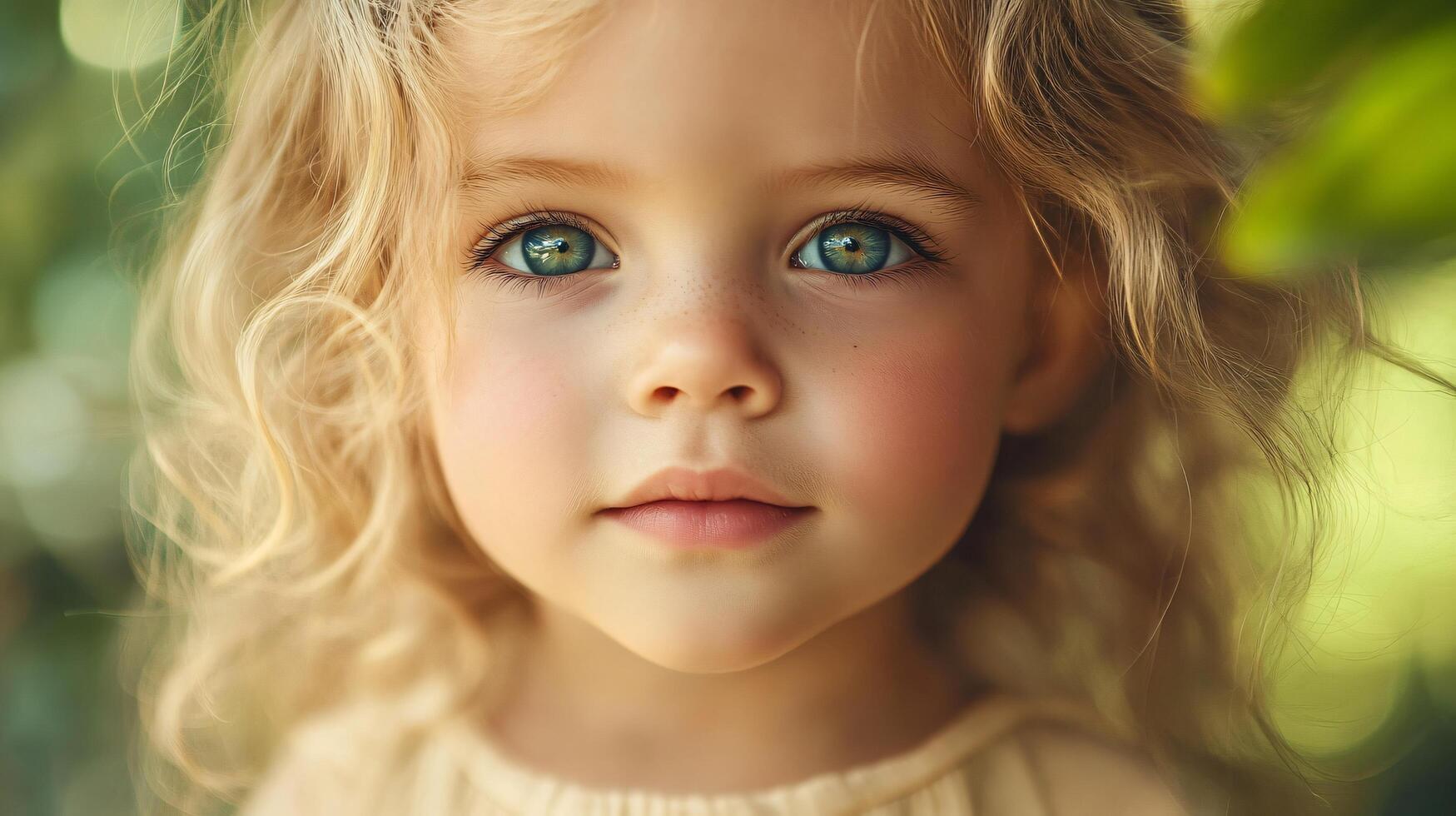 Young blonde girl with blue eyes is smiling at the camera. She has a light pink lip color and her hair is styled in a wavy, curly manner. Scene is cheerful and playful photo