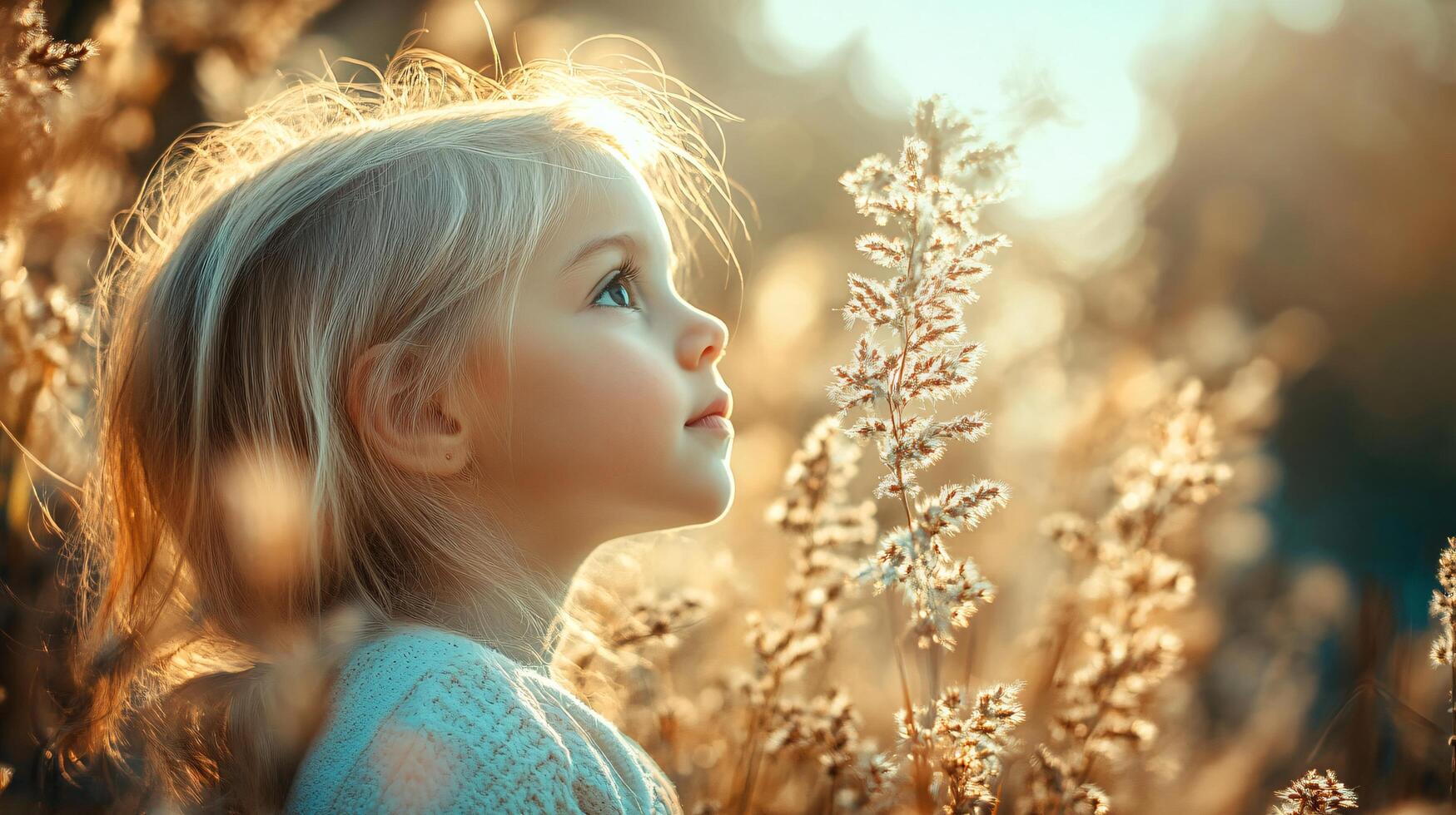 Young girl is looking up at the sky, surrounded by tall grass. Concept of innocence and wonder, as the girl gazes up at the world around her. The bright sunlight and the tall grass create a peaceful photo