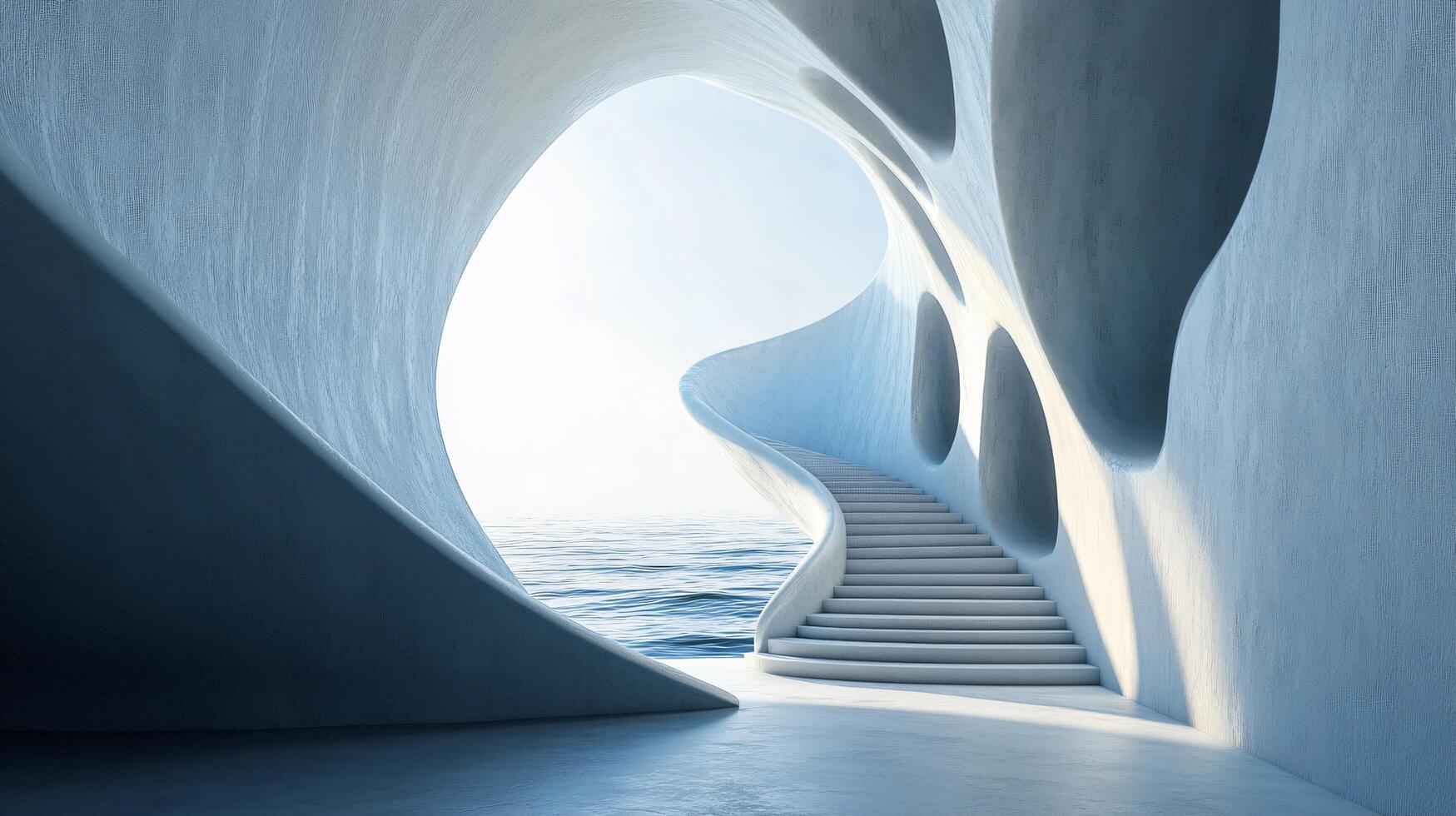Spiral staircase leads to a large, open space with a view of the ocean. The staircase is made of white stone and the walls are made of concrete. The space is empty photo