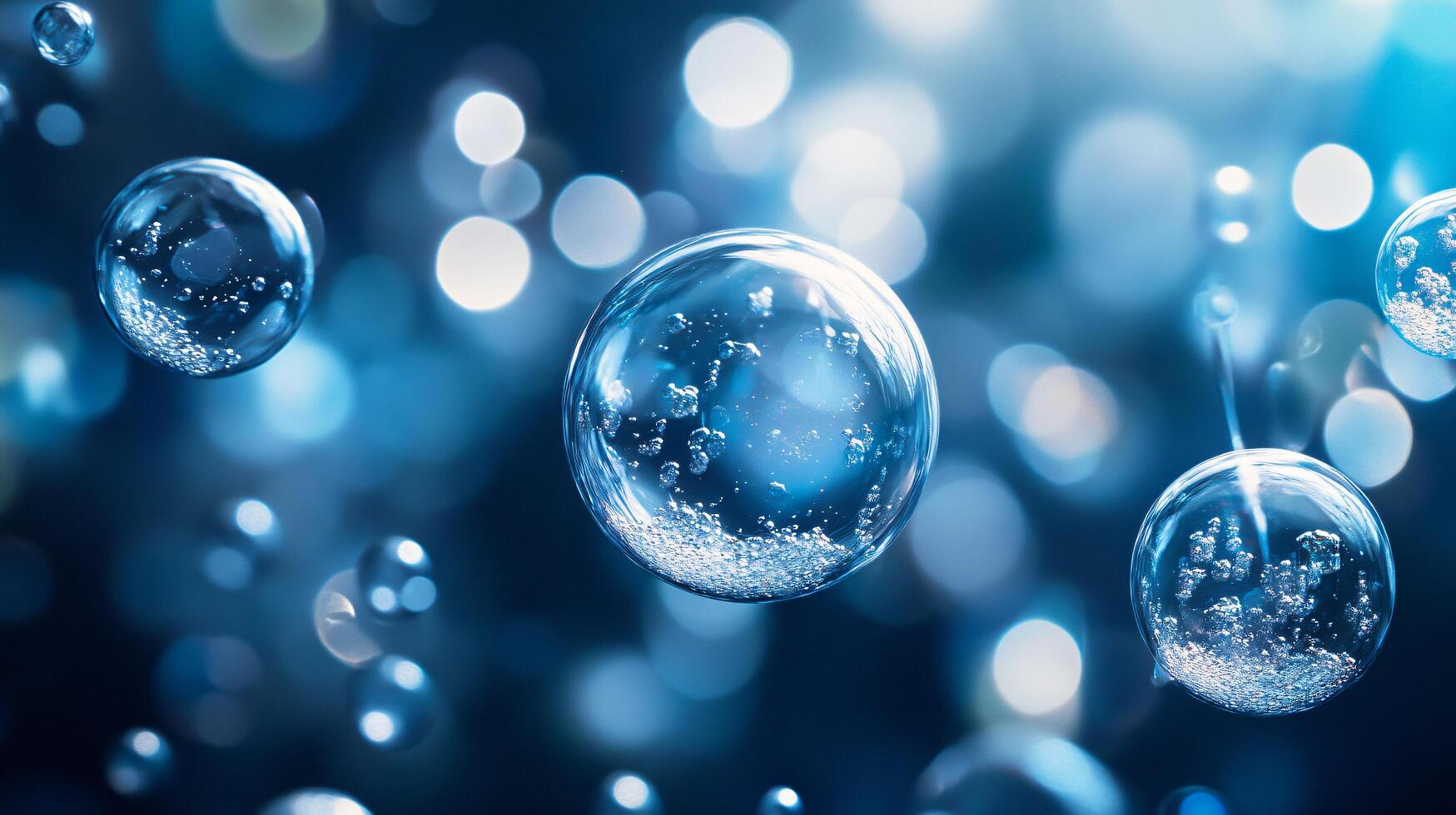 Series of blue bubbles floating in the air. The bubbles are small and round, and they appear to be suspended in a clear liquid photo