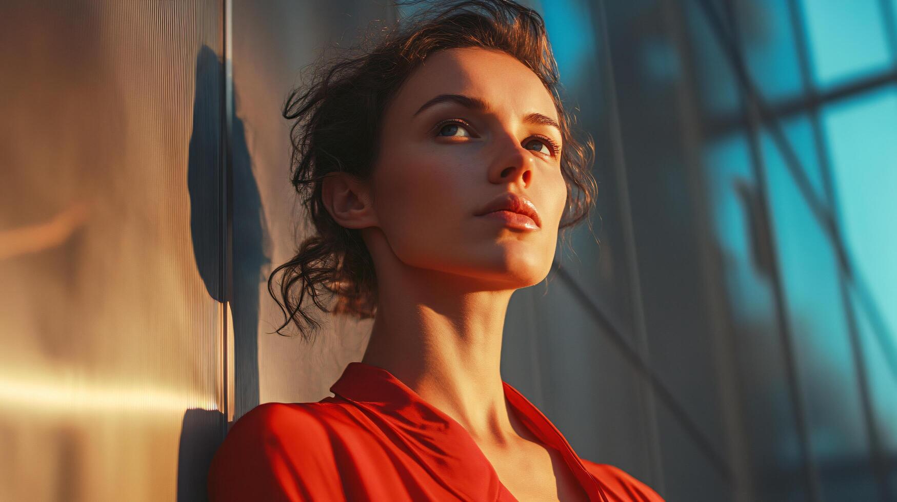Woman in a red shirt is standing in front of a wall. She has a serious expression on her face photo