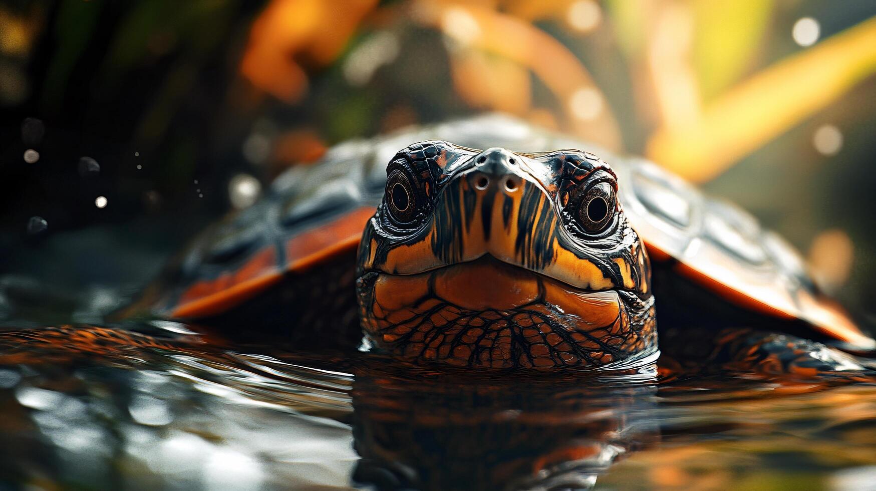 Turtle is swimming in a pond. The turtle is brown and orange. The water is murky and the turtle is the only thing visible photo