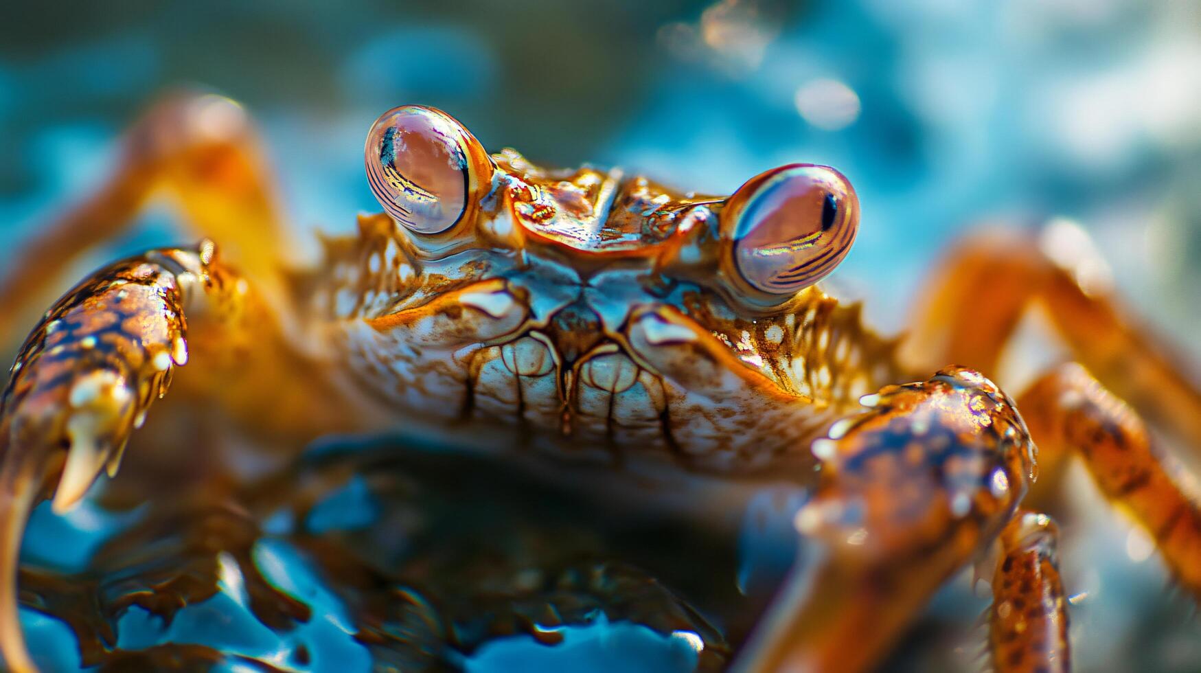 Crab is shown with its eyes open and looking at the camera. The crab is brown and he is in a body of water photo