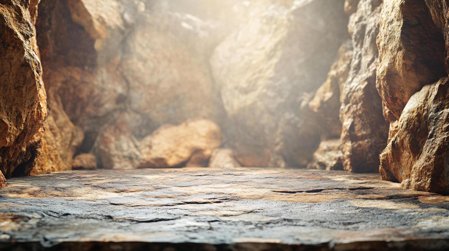 Rocky cave with a large opening. The cave is empty and the light is shining through the opening photo