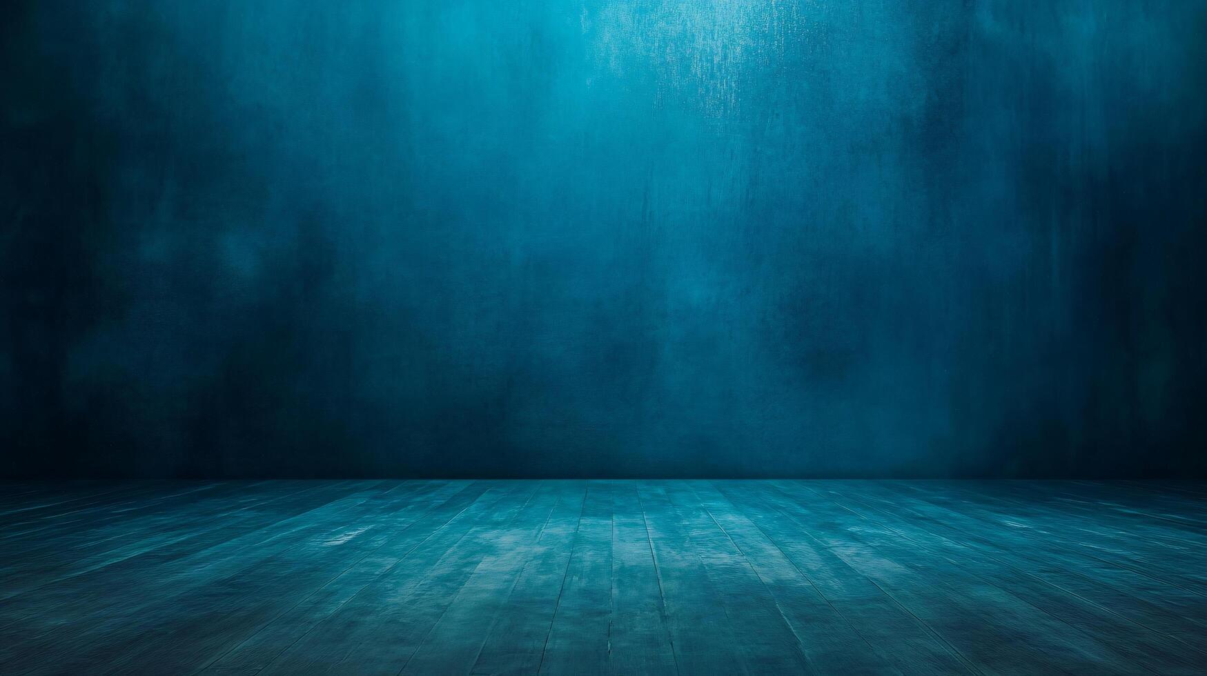 Blue room with a wooden floor and a wall. The room is empty and has a very calm and peaceful atmosphere photo