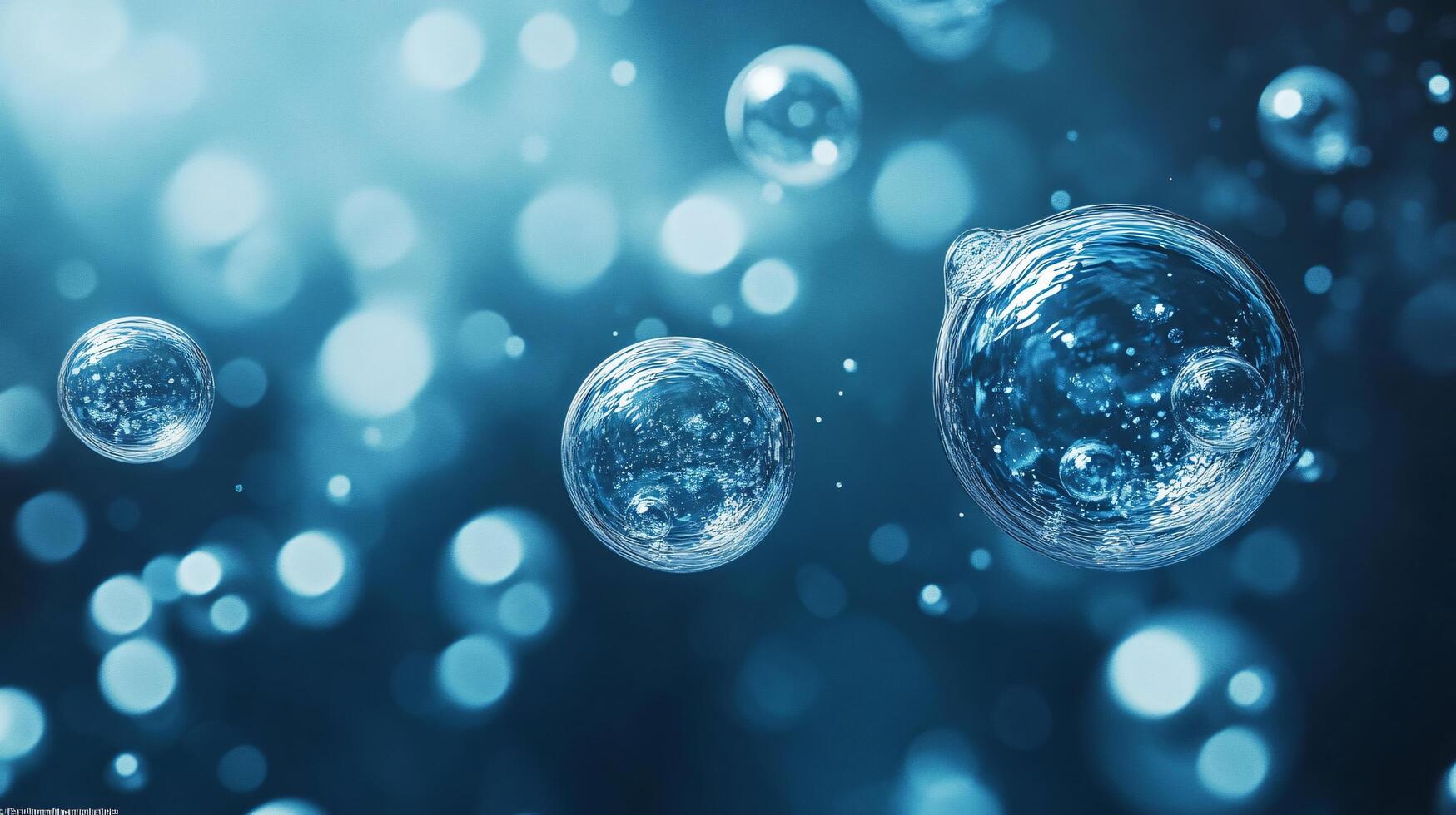 Blue background with three bubbles in the middle. The bubbles are small and round. The bubbles are floating in the water photo