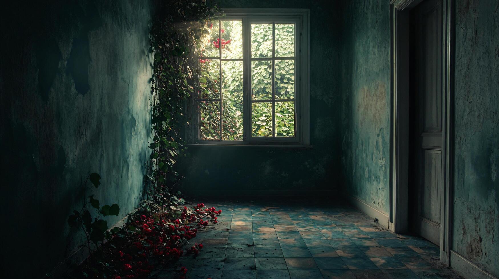 Room with a window and a plant with red flowers. The room is dark and empty. The plant is dying and the flowers are wilting photo