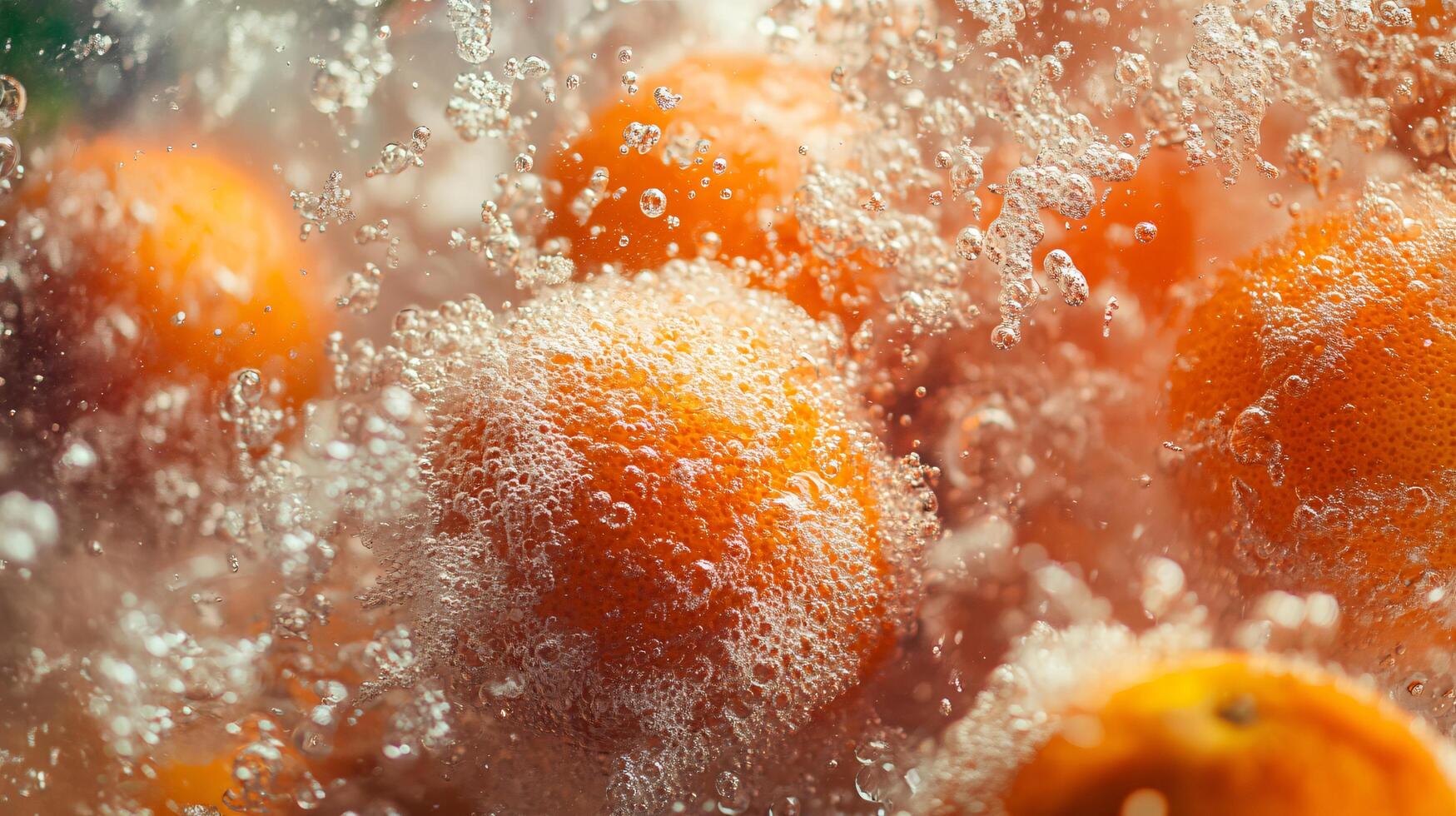 Bunch of oranges are being washed in a sink. The water is splashing and the oranges are floating in the water photo