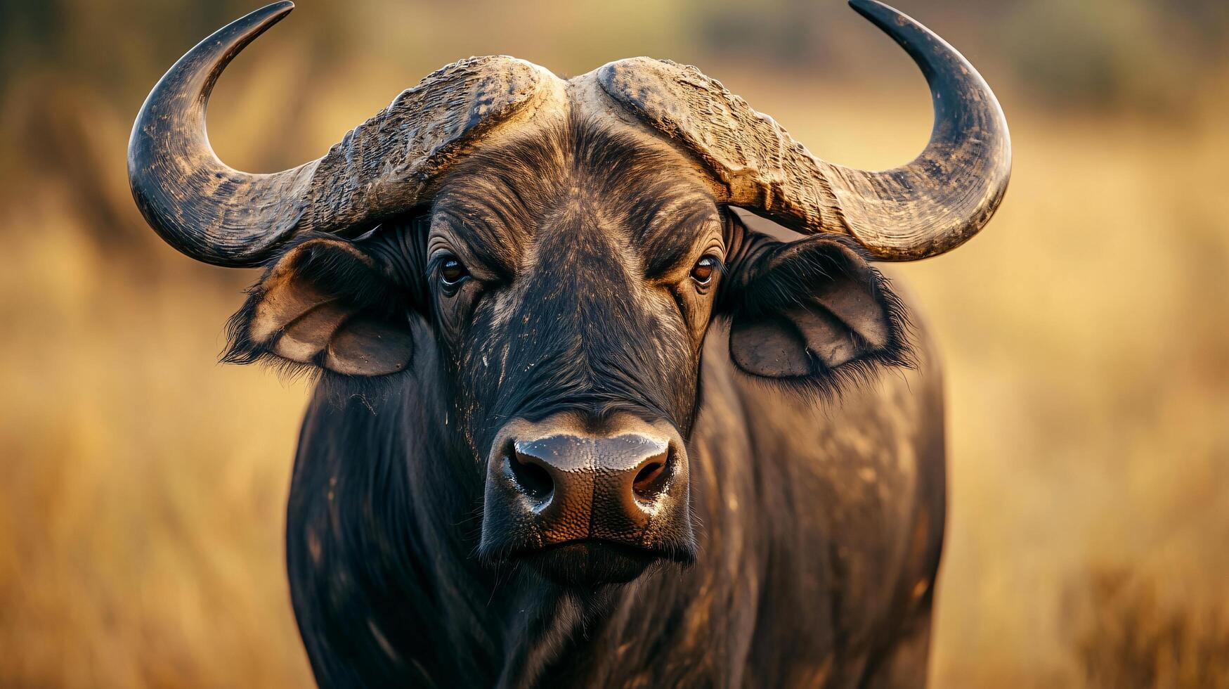 Large black ox with horns is standing in a field. The horns are large and pointy, and the ox has a very serious expression on its face photo