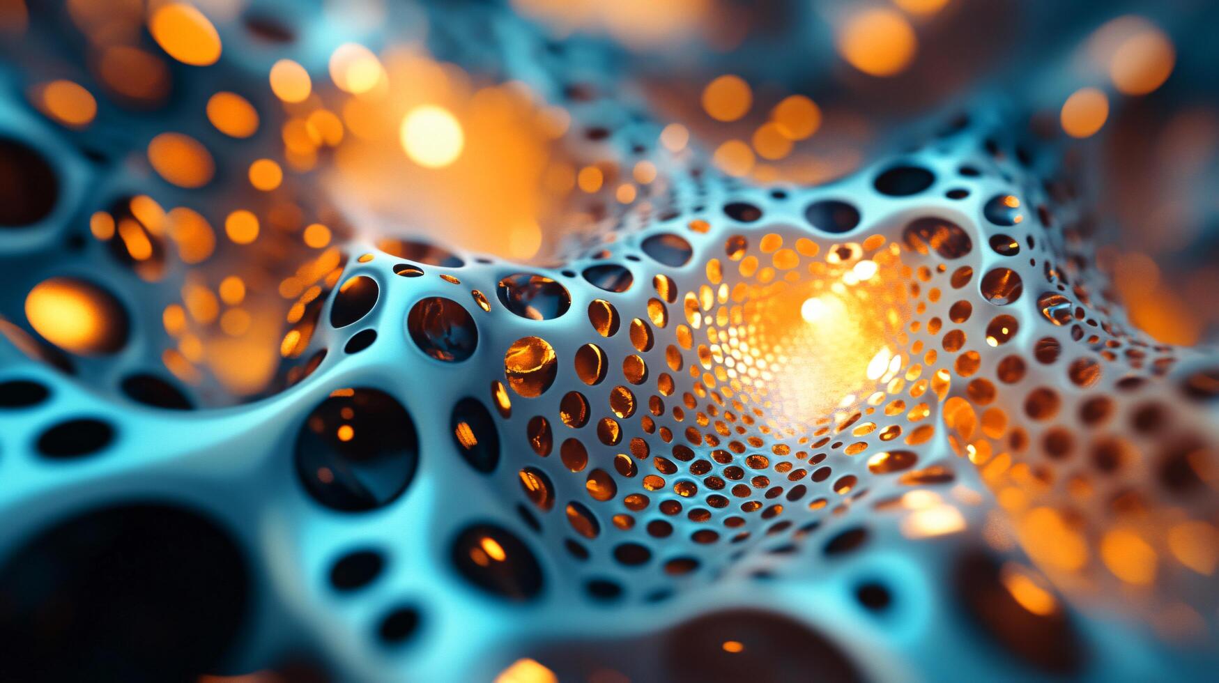 Blue and orange abstract image with many small circles. The circles are of different sizes and colors, and they seem to be scattered all over the image. Scene is chaotic and disordered photo