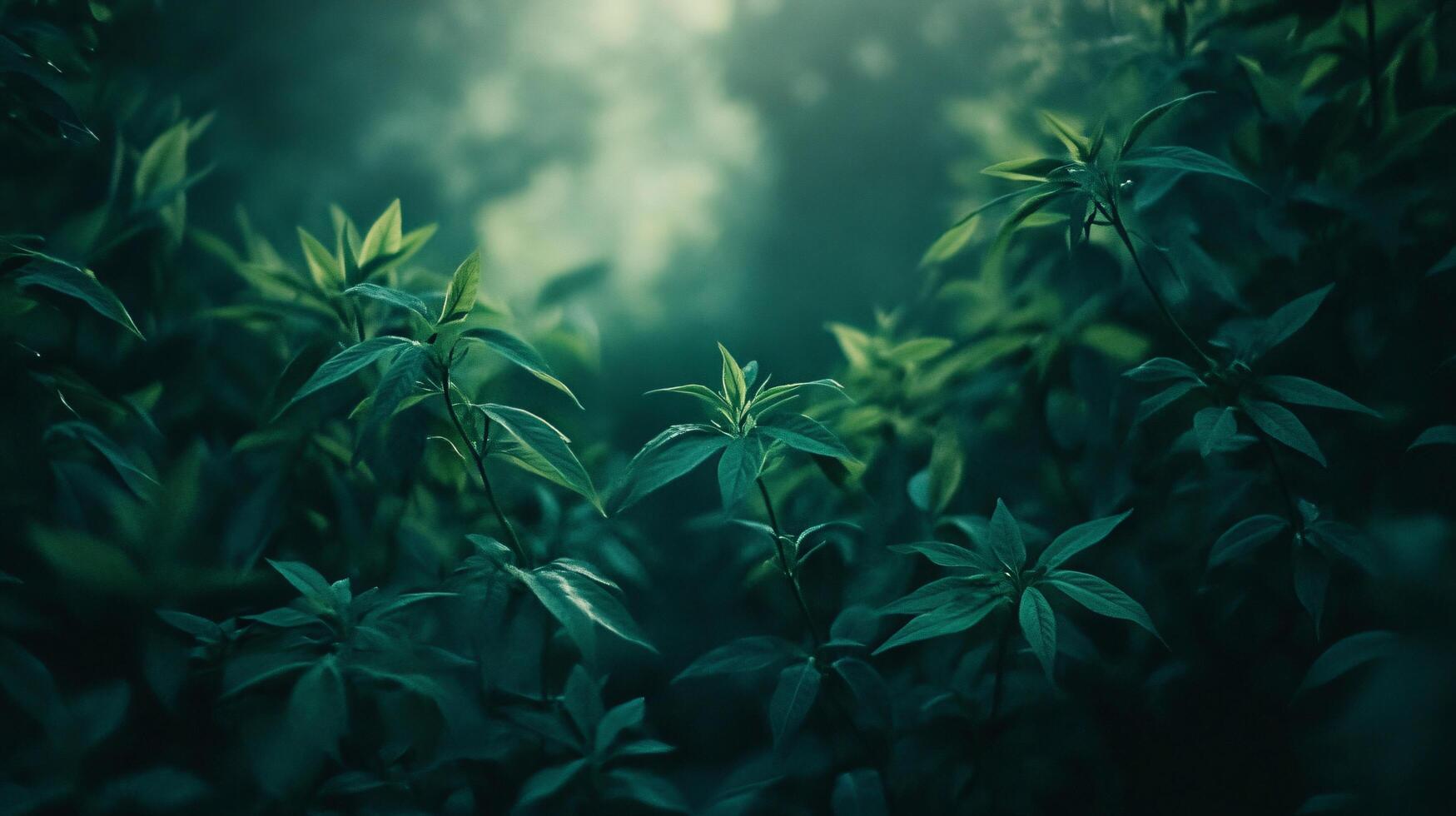 Lush green forest with a few leaves that are wet. The leaves are green and the forest is full of them photo