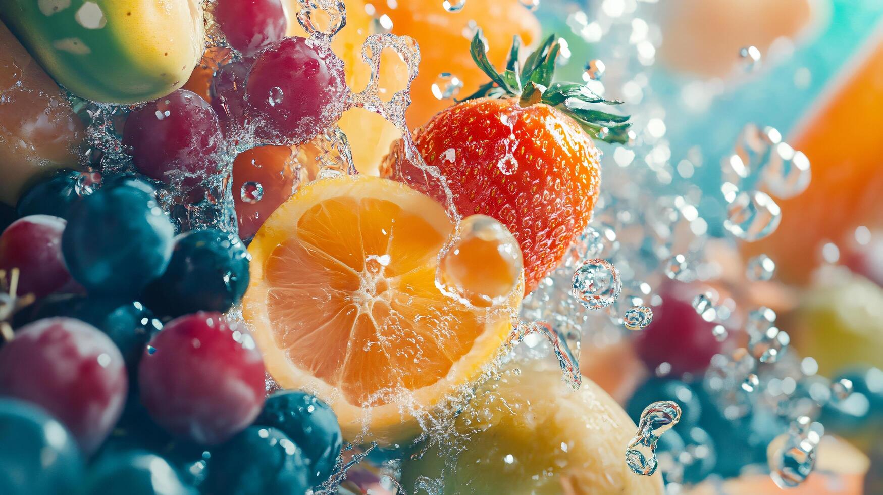 Fruit salad with a splash of water. The fruit includes oranges, strawberries, and blueberries photo
