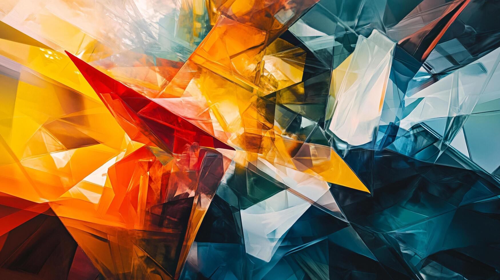 Colorful abstract painting with a red triangle and blue and yellow squares. The painting is full of different shapes and colors, creating a dynamic and energetic composition photo