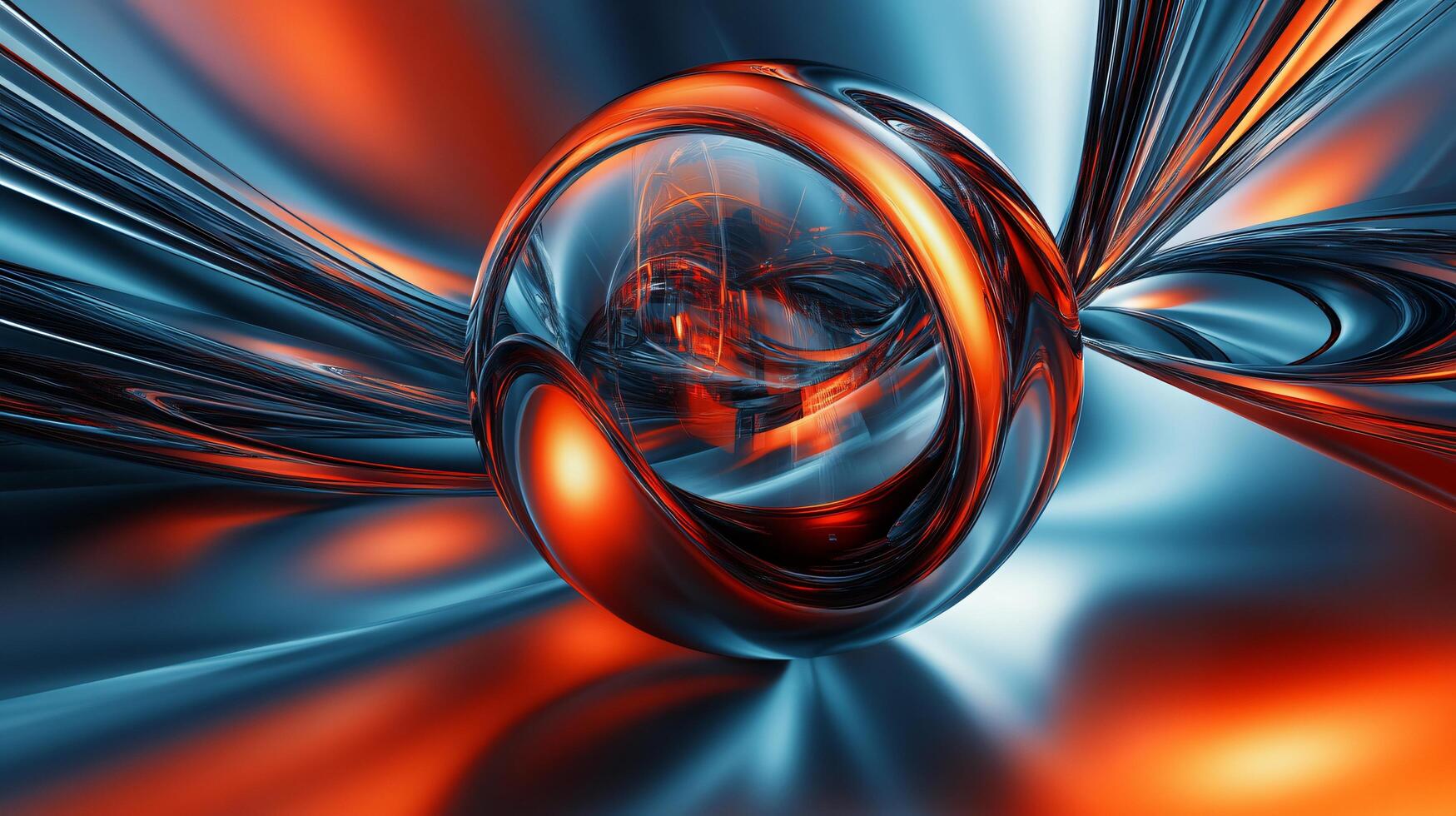 Colorful abstract painting of a sphere with a blue background. The sphere is surrounded by a blue and orange swirl photo