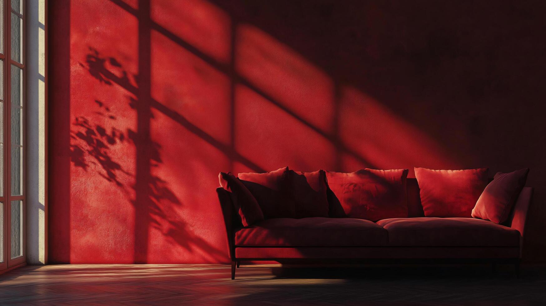Red couch is sitting in a room with a red wall. The room is dimly lit, and the couch is the only piece of furniture in the room. The couch is positioned in front of a window photo