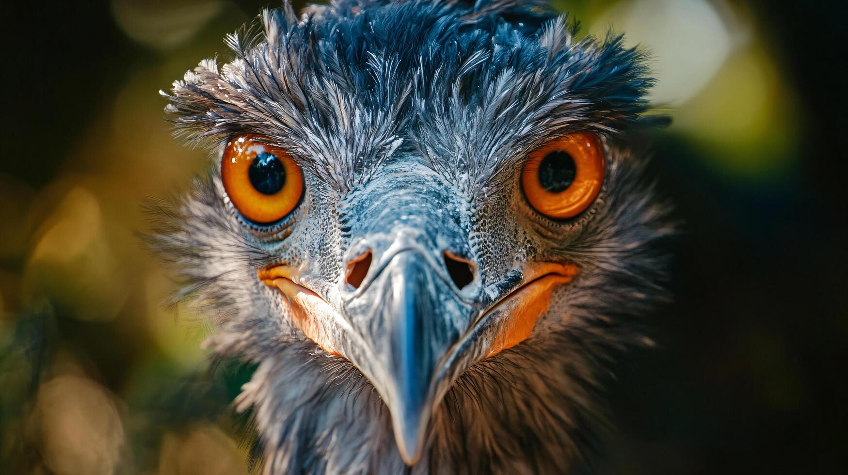 Close up of an ostrich's face with its eyes open and its beak visible. The bird's eyes are bright and its beak is slightly open photo