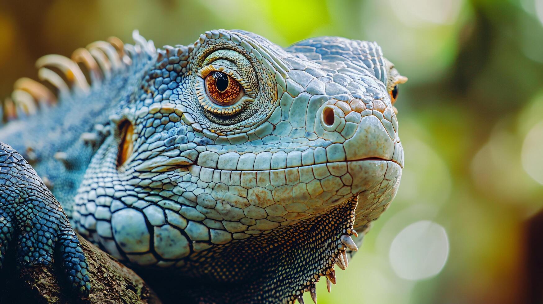 Lizard with a blue head and green body is looking at the camera. The lizard is in a natural setting, surrounded by trees and leaves photo