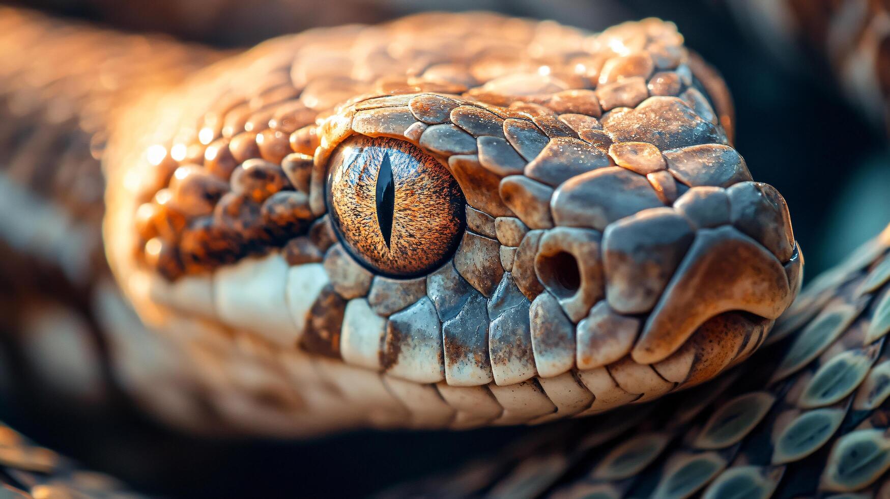 Close up of a snake's face with a brown and white pattern. The snake's eyes are large and prominent, and its mouth is open photo