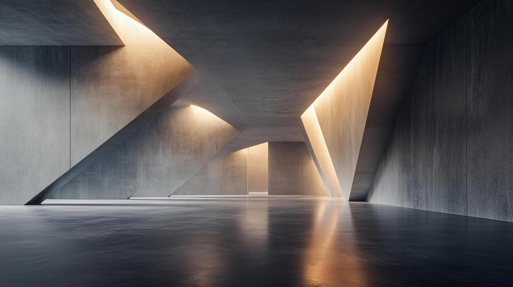 Large, empty room with a slanted ceiling and a door. The room is made of concrete and has a modern, industrial feel photo