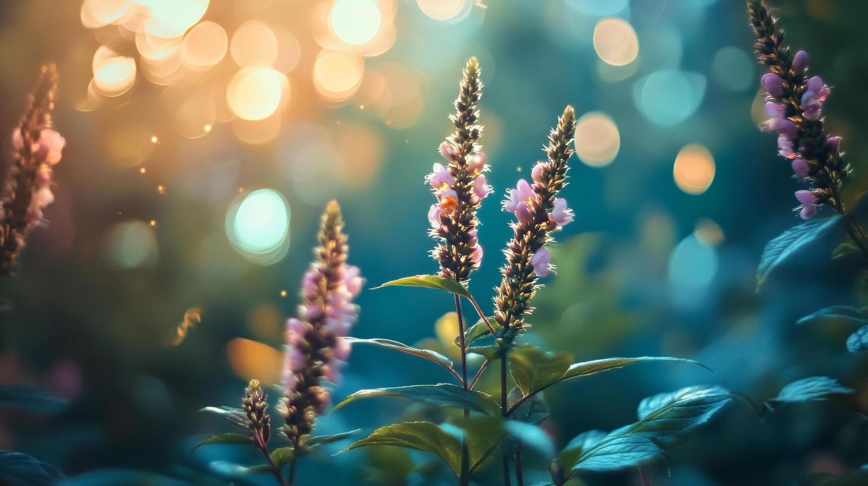 Bunch of pink flowers are in a field with a blue sky in the background. The flowers are in full bloom and the sky is bright and sunny. Scene is peaceful and serene, as the flowers photo