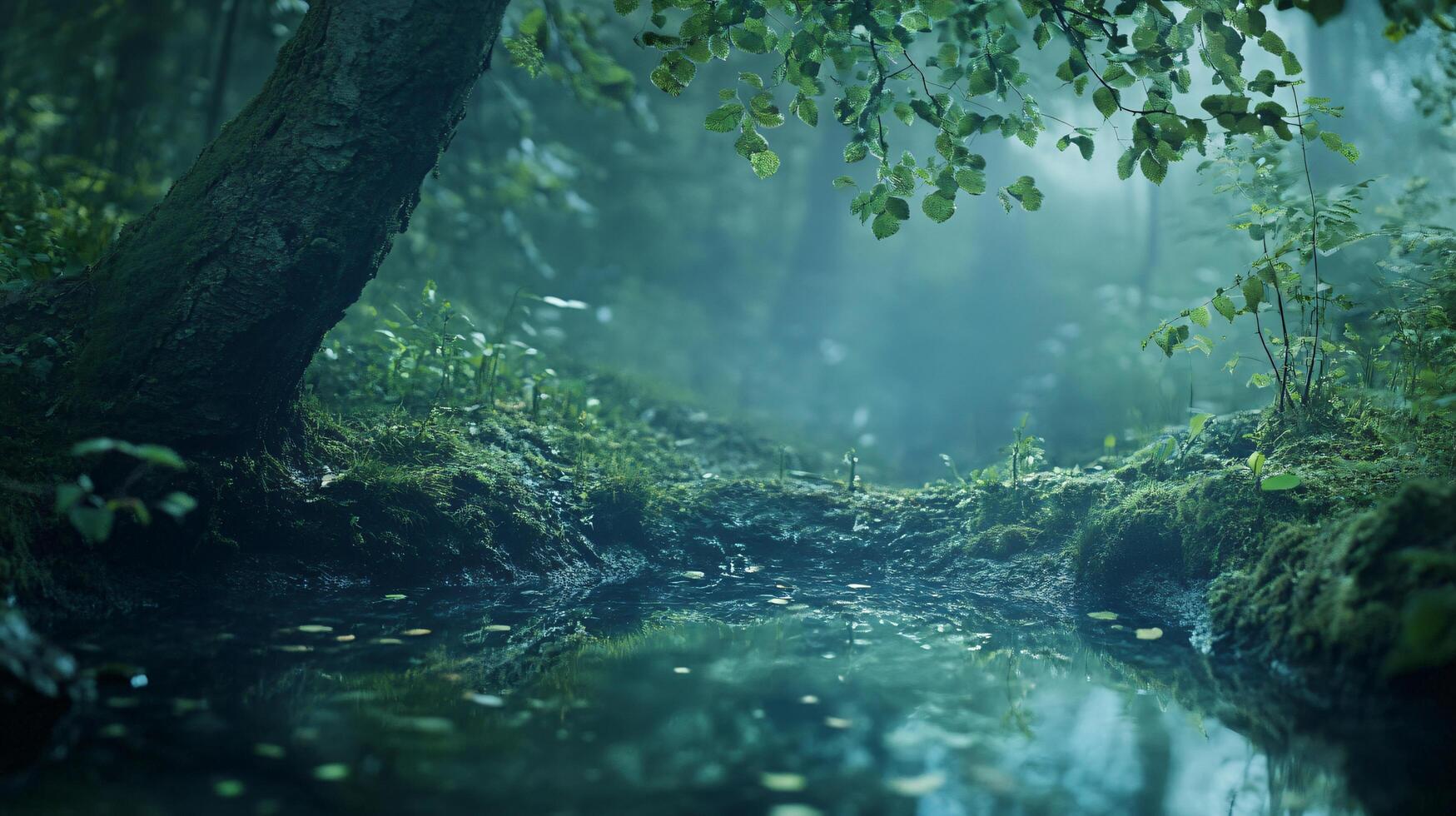 Tranquil forest scene with a large tree and a small stream running through it. The water is calm and clear, reflecting the surrounding trees and sky photo