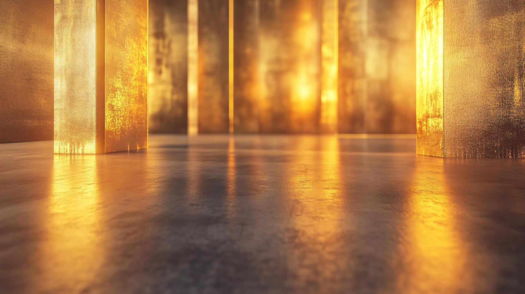 Room with a lot of light and a lot of reflections. The room is empty and has a lot of gold photo