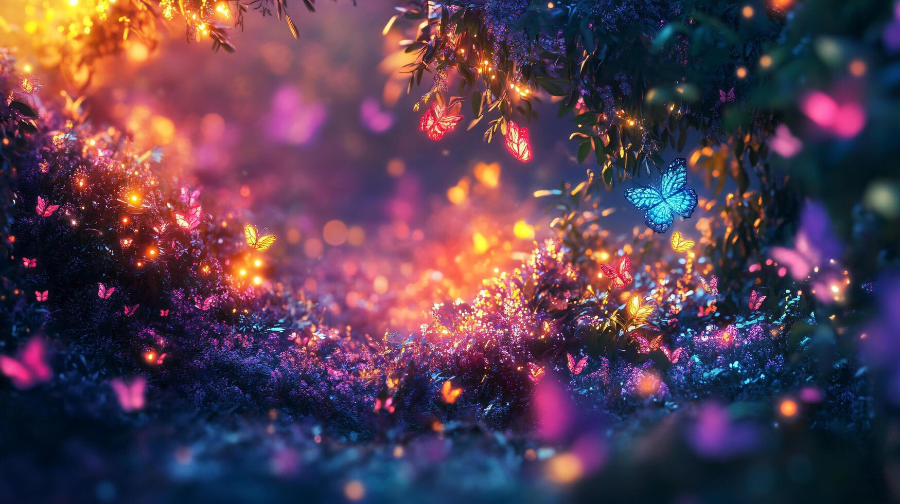 Colorful, dreamy scene with butterflies and flowers. The butterflies are flying around the flowers, creating a sense of movement and life photo