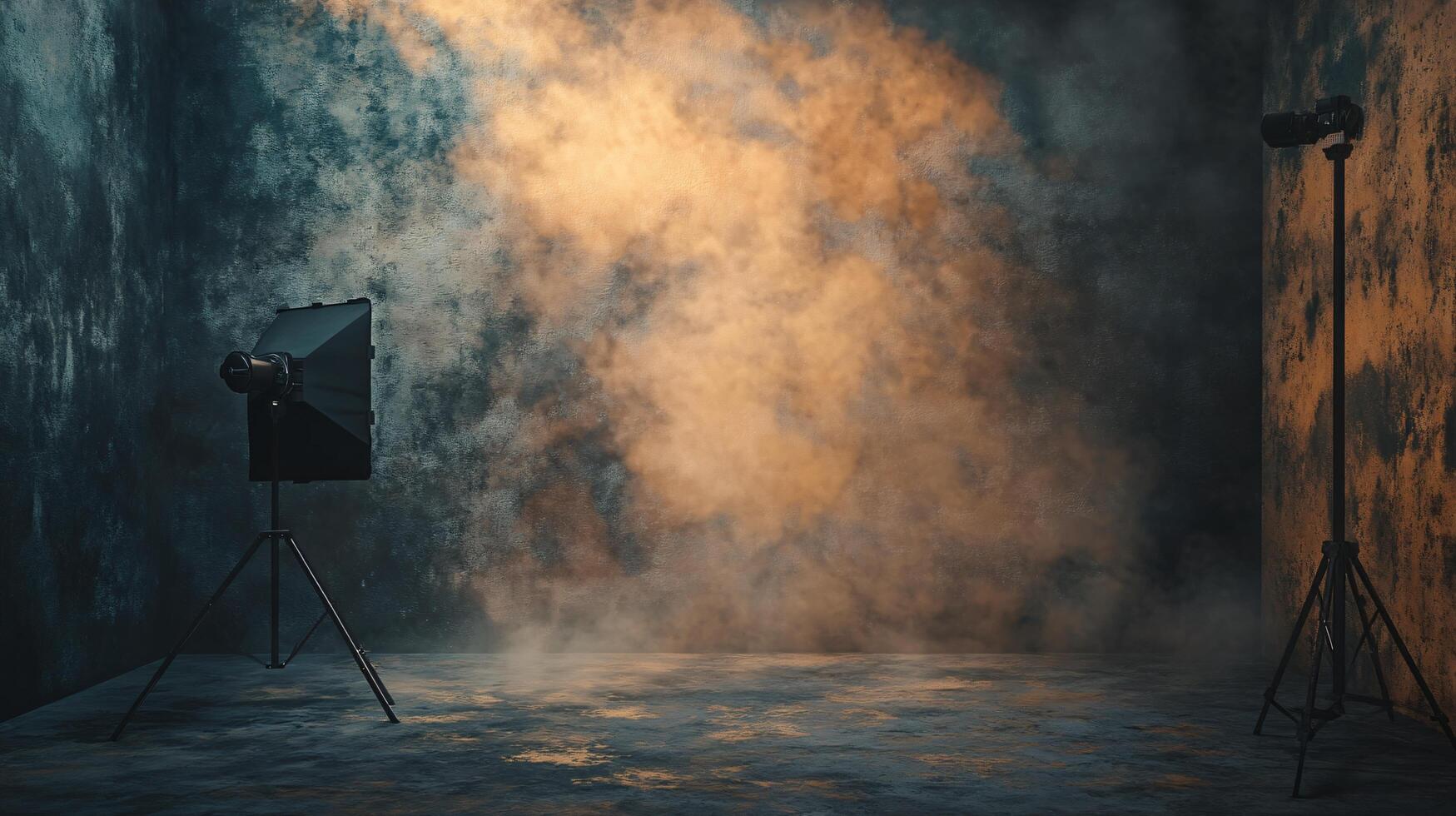 Dark room with a black camera and a black light. The room is filled with smoke and the camera is set up to take a picture photo