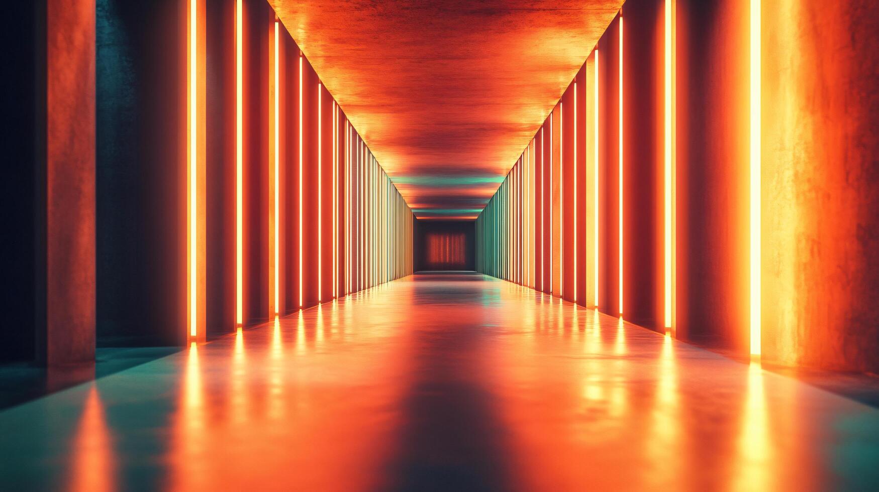 Long hallway with neon lights on the walls. The lights are orange and yellow, creating a warm and inviting atmosphere. The hallway is empty, giving it a sense of openness and spaciousness photo